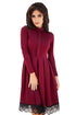 Sexy Lace Hemline Detail Burgundy Long Sleeve Skater Dress